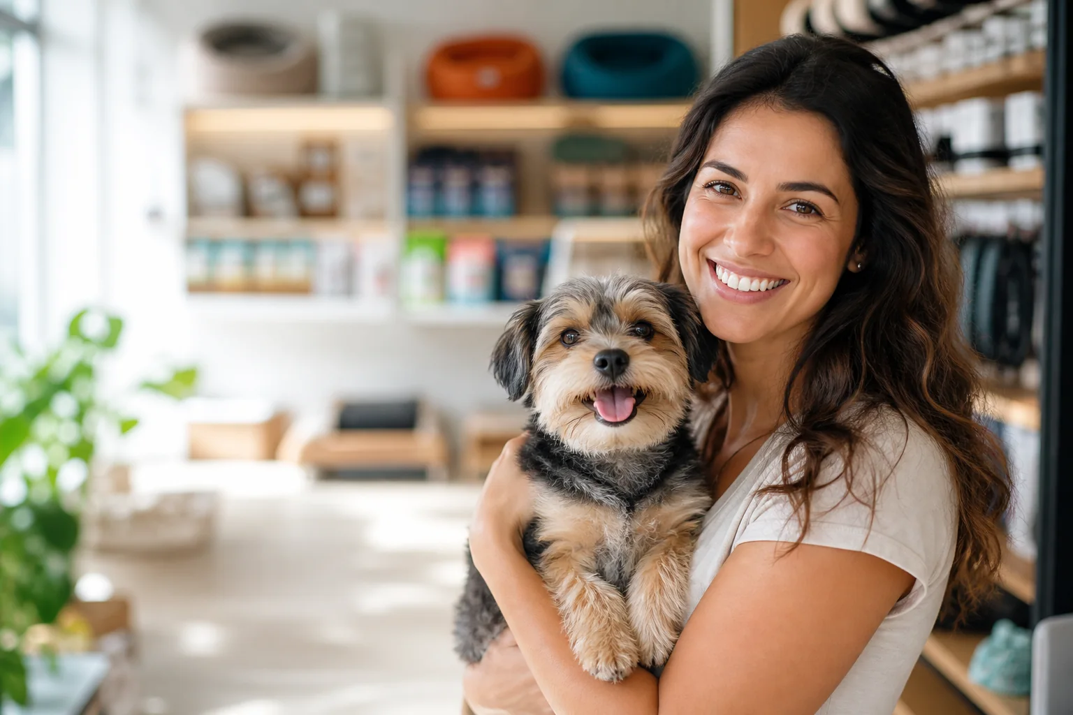 Tutora feliz segurando seu cão em uma loja de produtos para pets